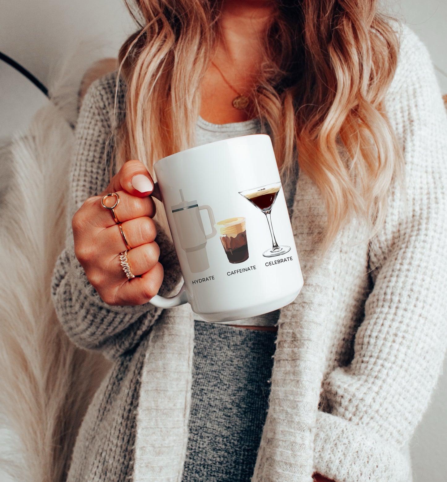 Hydrate Caffeinate Celebrate Ceramic Mug 15oz | Water Coffee Espresso Martini
