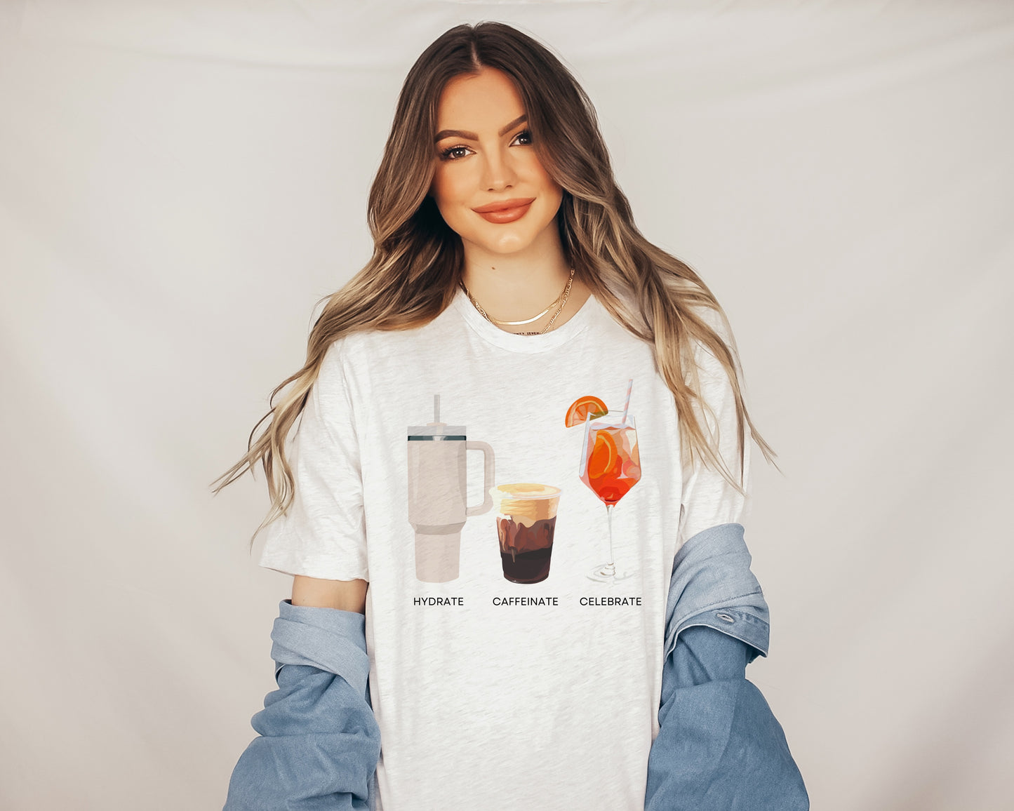 Hydrate Caffeinate Celebrate Unisex Jersey Short Sleeve Tee | Water Coffee Spritz