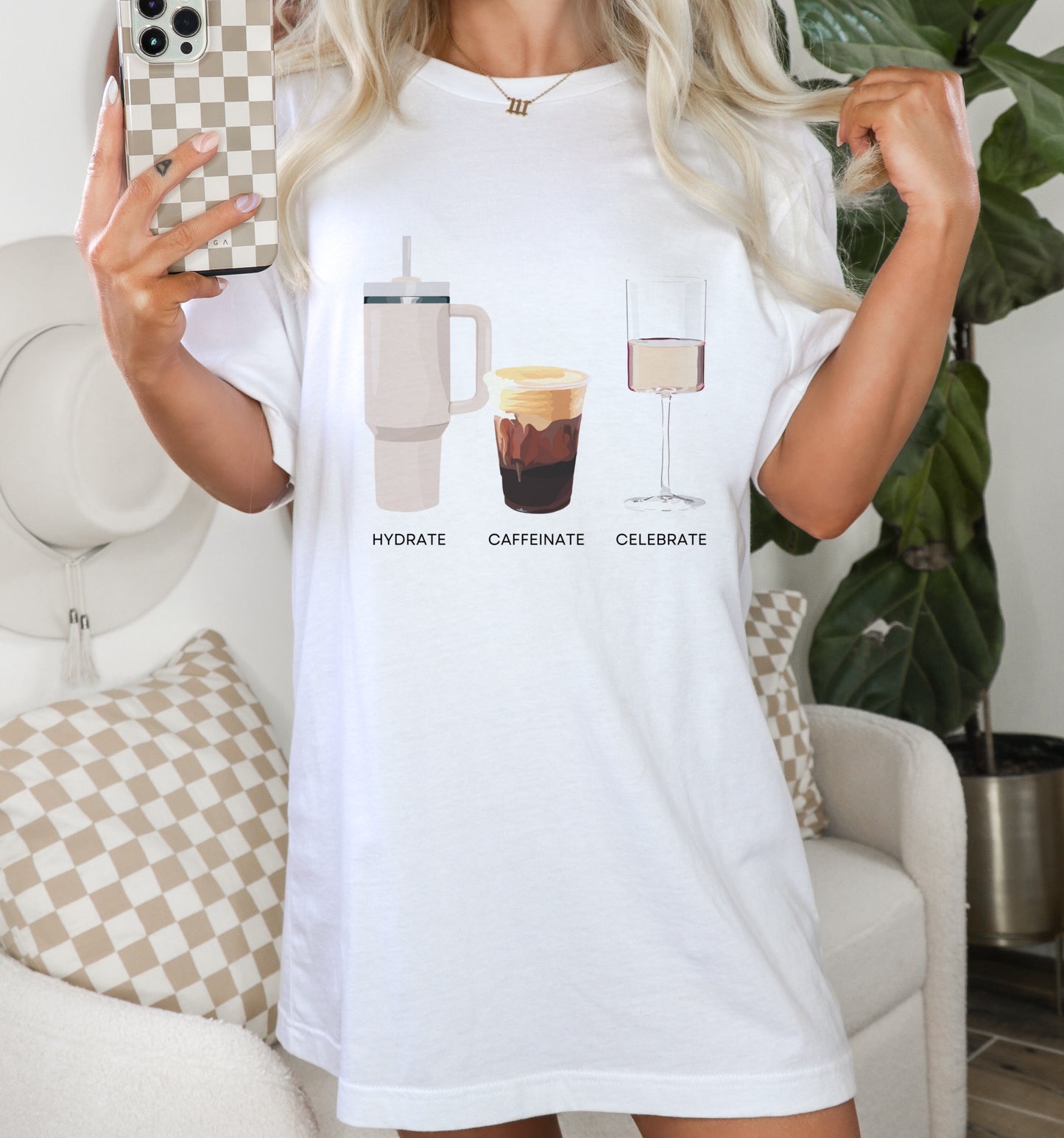 Hydrate Caffeinate Celebrate Unisex Jersey Short Sleeve Tee | Water Coffee Rose