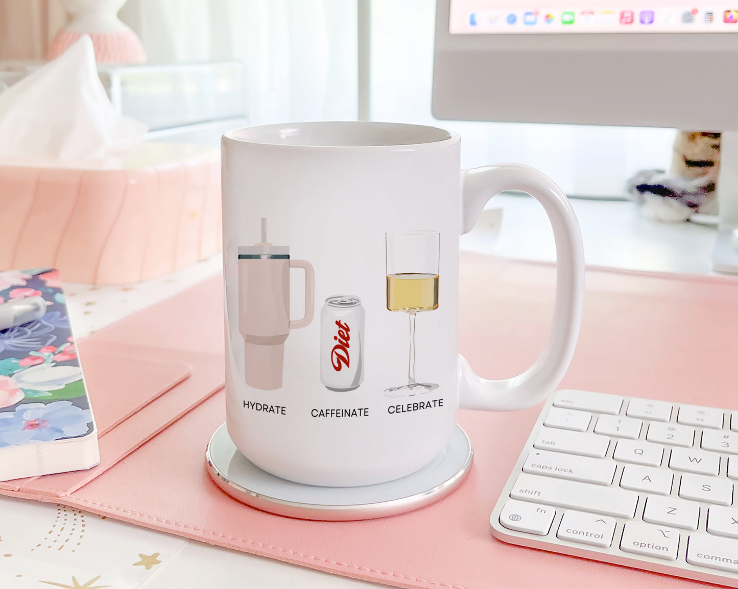 Hydrate Caffeinate Celebrate Ceramic Mug 15oz | Water Diet Soda Wine