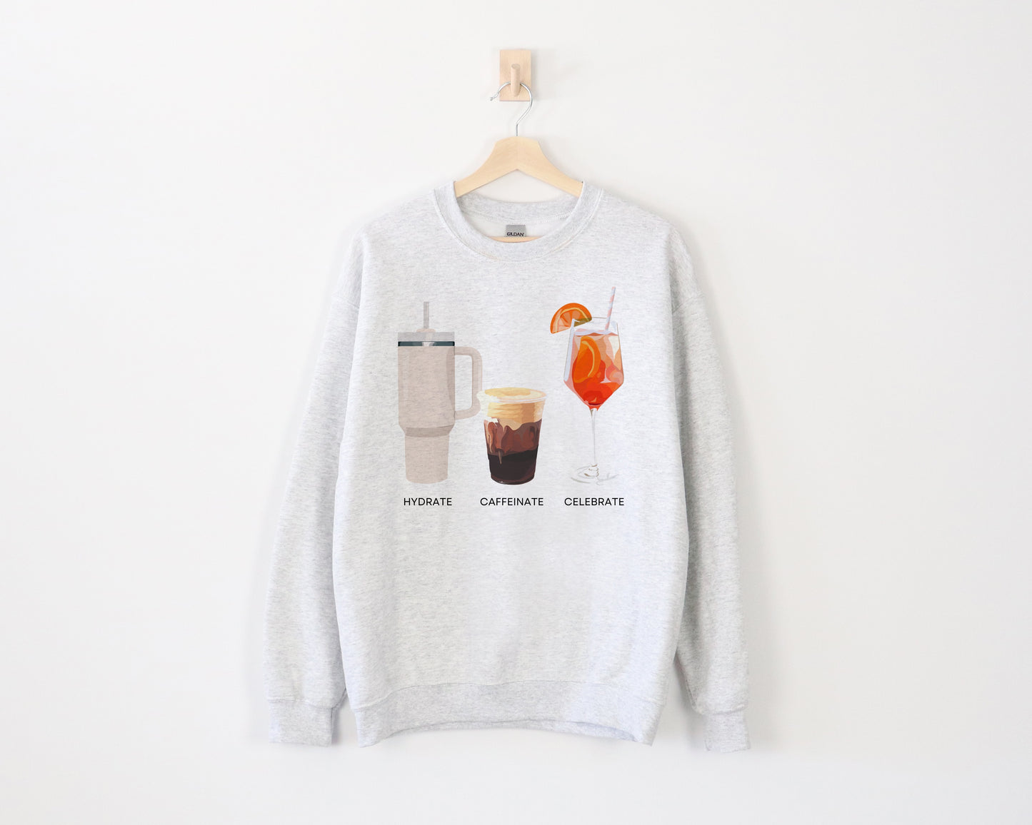 Hydrate Caffeinate Celebrate Crewneck - Water Coffee Spritz