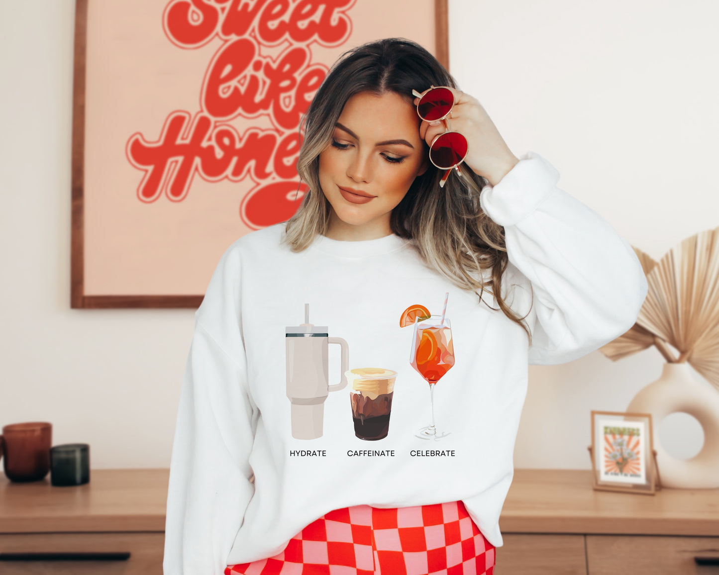 Hydrate Caffeinate Celebrate Crewneck - Water Coffee Spritz