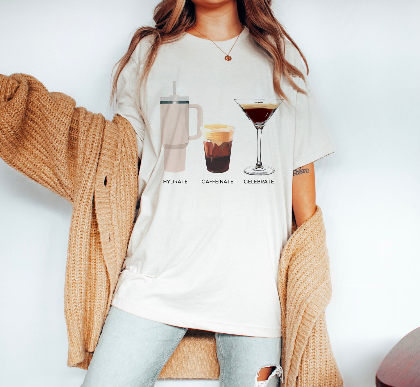 Hydrate Caffeinate Celebrate Unisex Jersey Short Sleeve Tee | Water Coffee Espresso Martini