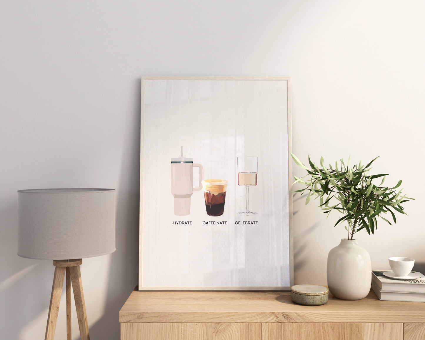 Hydrate Caffeinate Celebrate Satin Art Print UNFRAMED - Water Coffee Rose